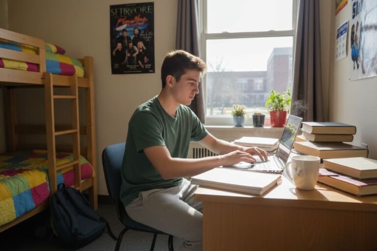 a student with a laptop at a table in a dormitory